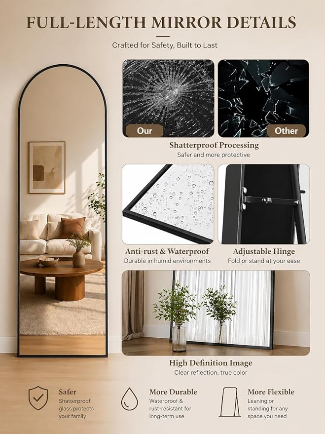 Full Length Mirror, Arched Floor Mirror Freestanding, Floor Standing Full Body Mirror with Stand for Bedroom, Hanging Mounted for Living Room Cloakroom