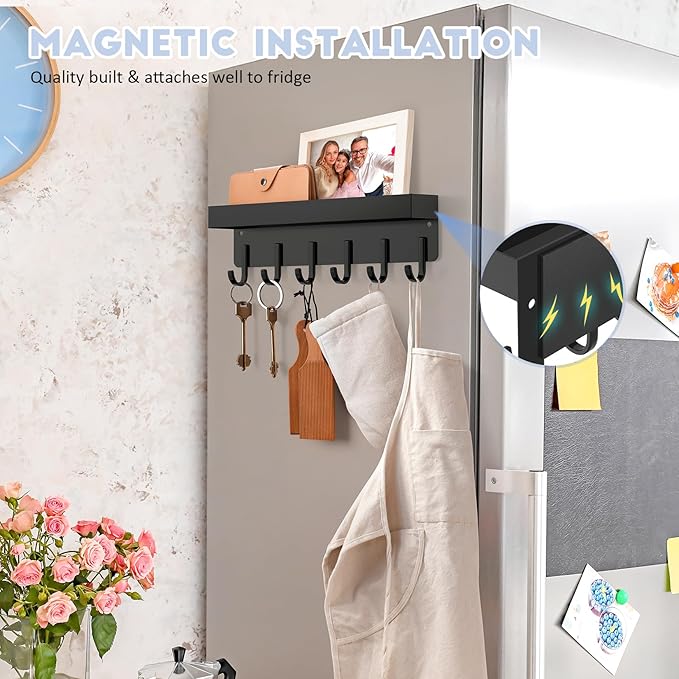 Magnetic Key Holder, Small Wall Mount Key Rack with Shelf for Fridge, 6 Metal Hooks, 9.65 Inch, 2 Installation Options, Black