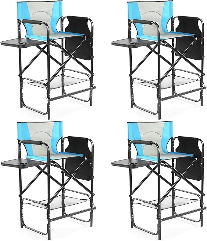 Outvita 4 Piece 31" Tall Directors Chair Height Seat Folding with Side Table Storage Bag, Support for 300Lbs Portable Makeup Artist Chair with Bar Height(Blue/Black)
