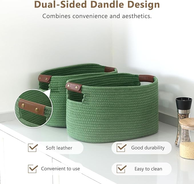 ECDYQXVU Cotton Rope Basket, Storage Baskets with Handle, 15x10x9 Inch Woven Basket for Shelves, Laundry, Towels, Clothes, Books (Green 1Pack)