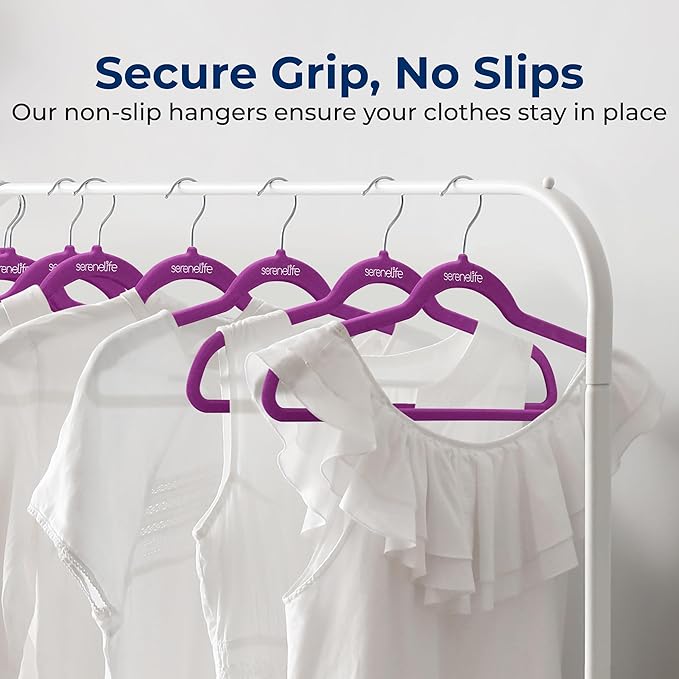 SereneLife 100 Pack Premium Velvet Hangers, Ultra Thin Non Slip Adult Felt Space Saving Hangers, for Closet Heavy Duty Coat, Pants, Jackets, Dress Hangers, 360° Swivel Hook Hold Upto 10 lbs (Purple)