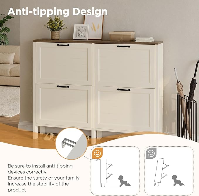 LOUVIXA Shoe Cabinet with 4 Flip Drawers, Narrow Shoe Storage Cabinet, Freestanding Shoe Cabinet Organizer, Hidden Shoe Rack Cabinet for Entryway, Hallway (4-Drawers, Off White-Brown)