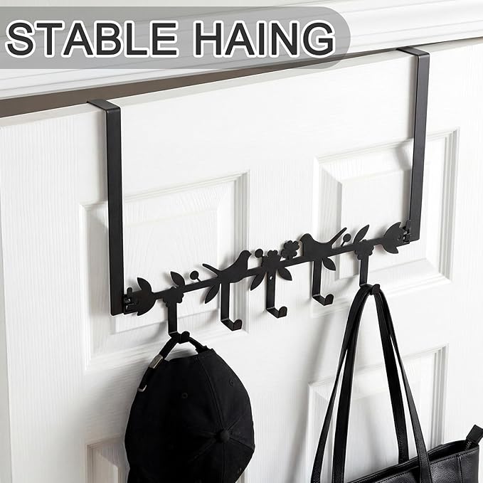 AceOrbit Birds in a Tree Over The Door Hooks Black Metal Wall Mount Towel Hanger Farmhouse Rustic Door Holder Rack with 5 Hooks for Bedroom Bathroom Hanging Towel, Coat, Keys, Bags, Hats, Clothes