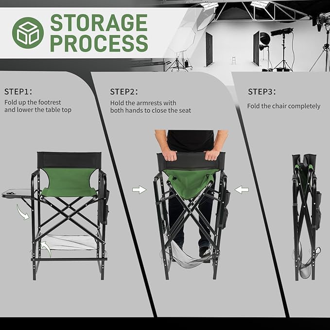 Outvita 4 Piece 31" Tall Directors Chair Height Seat Folding with Side Table Storage Bag, Support for 300Lbs Portable Makeup Artist Chair with Bar Height(Dark Green/Black)