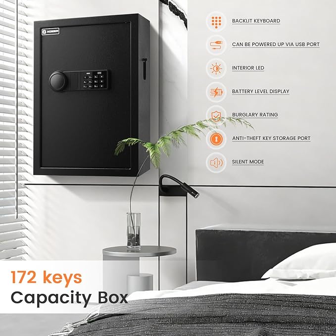 XDeer 172-Key WiFi Safe Wall Mount with Advanced Anti-Theft & LED Light, Key Cabinet with Combo & Key Lock for Hotels, Offices & Car Dealerships 1PCS