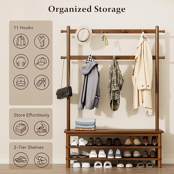 Coat Rack, 3-in-1 Hall Tree with Bench and Shoe Storage, Entryway Bench with Shoe Storage with 11 Hooks, Freestanding Coat Rack Organizer for Mudroom, Hallway, 42.9" Long