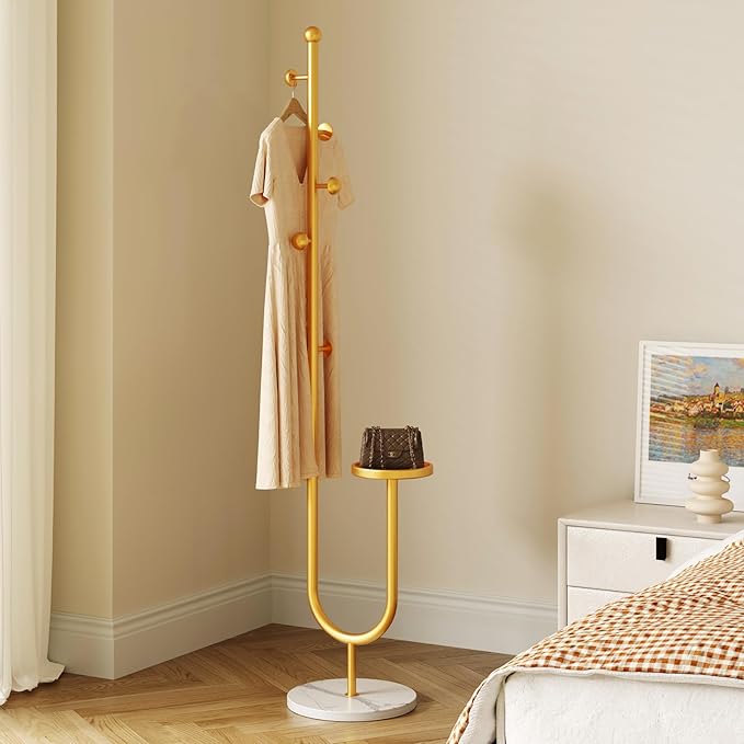 Coat Rack,Metal Free Standing Coat Stand with marble base, Hall Coat Tree with 6 Hooks and Storage Tray,68.9 Inch Tall, for Coats, Hats, Bags, for Entryway, Hallway, Bedroom