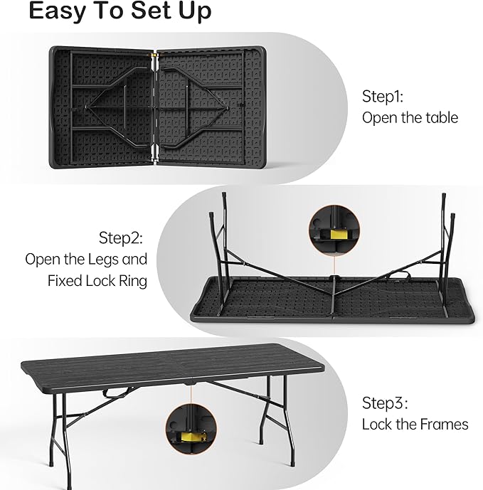 VSOAEIL Set of 2 6 Foot Folding Table for Indoor Outdoor, Portable Heavy Duty Fold-in-Half Utility Plastic Foldable Dining Table with Carrying Handle for Picnic, Camping and Party, 2 Pack Matte Black