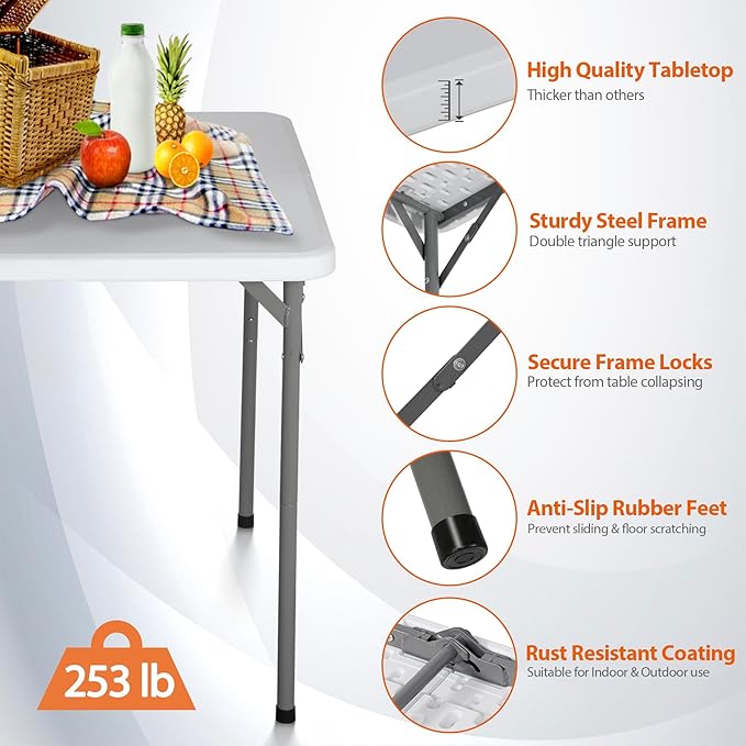 ZENY 34inch Fold in Half Square Table, Portable Plastic Dining Card Table for Kitchen or Outdoor Party Wedding Event, Bi-Folding Picnic Camp Dining Table, White