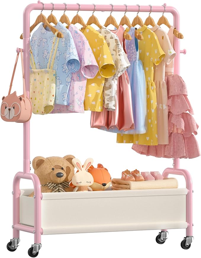 Kids Clothing Rack with Storage Shelf, Kids Dress Up Storage for Coats, Small Baby Garment Rack for Hanging Clothes, Toddler Wardrobe Closet Organizer (Pink, Upgrade with Wheel)