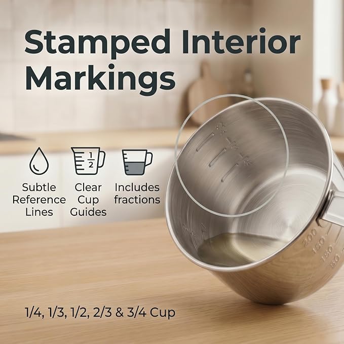 Stainless Steel Measuring Cups Set of 4, Metal, 1/4, 1/3, 1/2 & 1 Cup, Marked Handles, 1 Cup with Stamped Interior Marks, Nesting Cups for Baking & Cooking, Dry & Liquid Ingredients