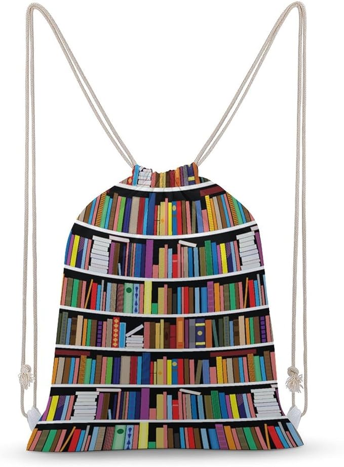 Vintage Library Bookshelf Canvas Drawstring Backpack Storage Bags for Gym Traveling 35x50cm