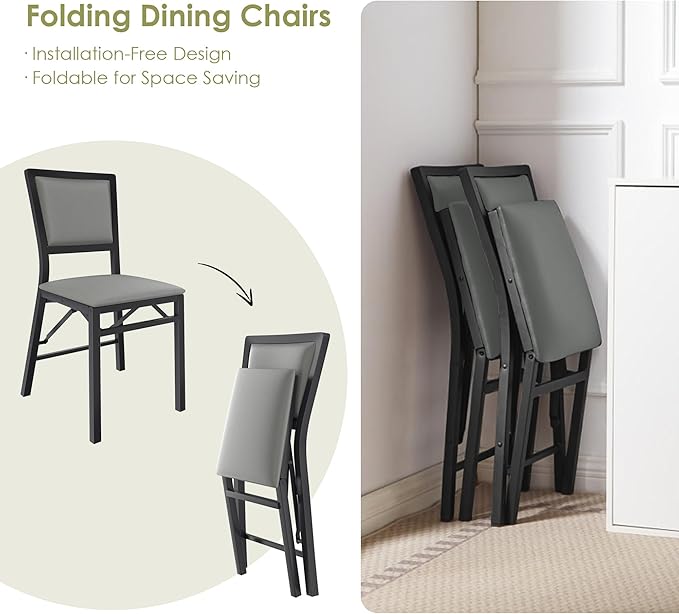 VECELO Folding Chairs Set of 2 with Cushion, Foldable Padded Seats with Heavy Duty Metal Frame for Kitchen/Dining/Living Room, No Assembly & Space Saving Design, Grey