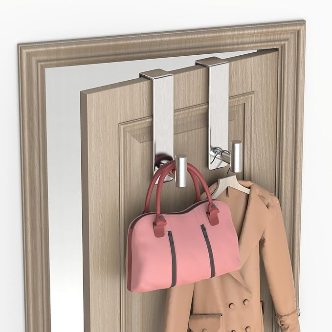 HUFEEOH Over The Door Hooks 2-Pack, Heavy Stainless Steel Coat & Towel Rack, No Drilling Scratch-Free Over Door Hanger Dorm Essentials Bathroom Accessories, Fits 1-3/4" Doors (“T” Shape - Silver)