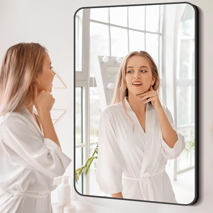 BONEWEI 30x48 inch Bathroom Mirror,Black Rectangle Mirror,Wall Mounted Bathroom Frame Vanity Mirror with Round Corner for Bedroom Living Room, Entryway Hangs Horizontal or Vertical