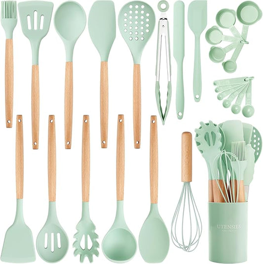 26 Pcs Silicone Cooking Utensils Set with Holder, BPA Free Kitchen Utensils Set for Cooking, 446°F Spatulas Silicone Heat Resistant Wooden Handle Spoon Tongs Non-stick Kitchen Gadgets (Light Green)