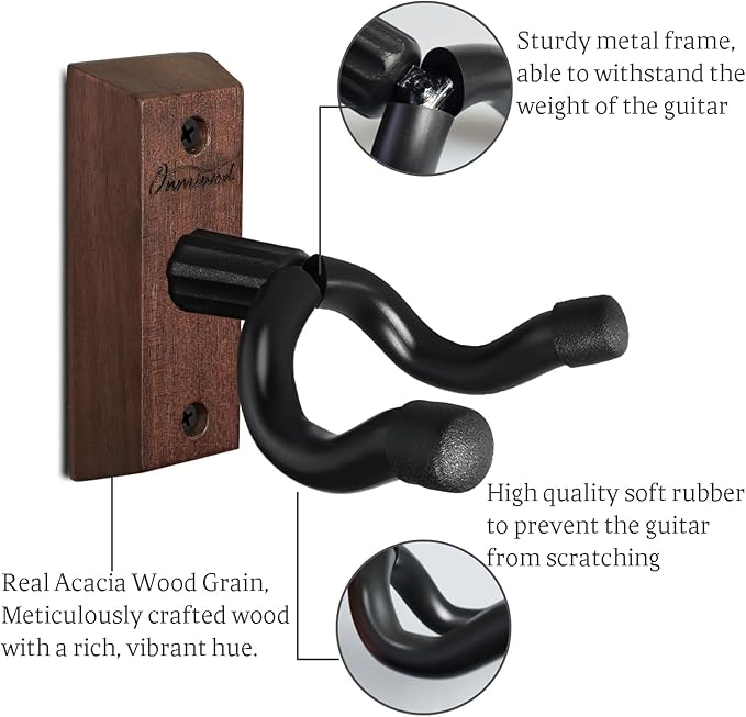 Guitar Wall Mount 2 Pack, Acacia Hardwood Guitar Hanger, U-Shaped Guitar Wall Hanger Mount, Guitar Holder Hook Stand Wall for Acoustic, Electric Guitar, Banjo, Bass, for Guitar Player Men Boy