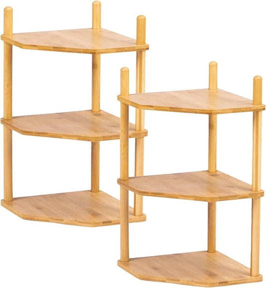 3-Tier Expandable Bamboo Corner Shelf - Dish/Plate Organizer for Cabinet, Kitchen Counter Shelf & Small Kitchen Shelf, Adjustable (Natural, 2-Pc 6.70" H)
