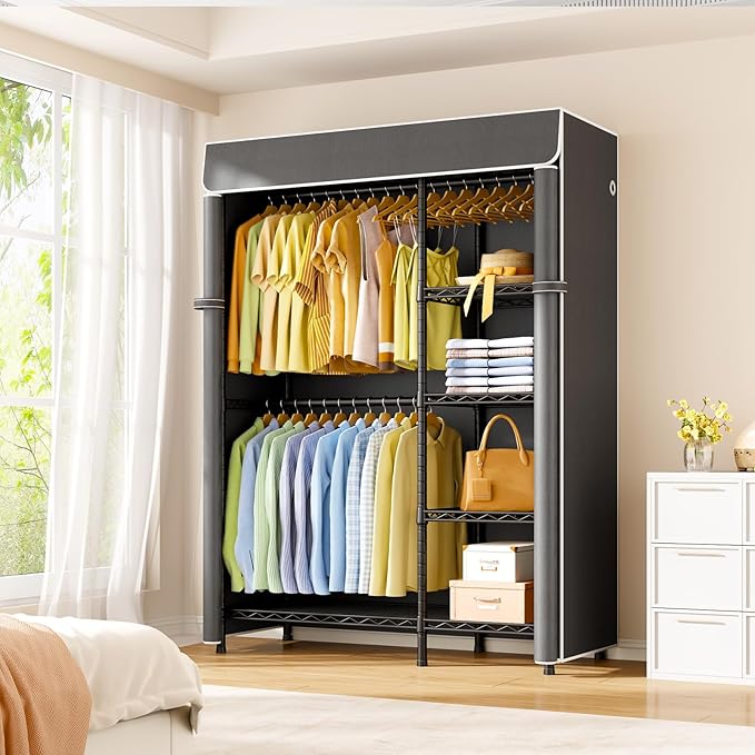 ULIFHOME F2C Clothes Rack with Cover, Clothing Racks for Hanging Clothes, Heavy Duty Garment Rack with Shelves and Hanger Rods, Black Closet with Dark Gray Cover, 47.2"W x 16.5"D x 78.3"H, Load 630lbs