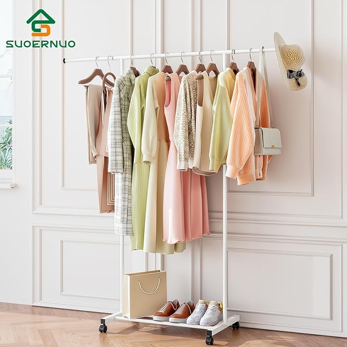 SUOERNUO Clothes Rack with Wheels Rolling Clothing Rack for Hanging Clothes, Portable Metal Garment Rack for Bedroom Laundry Living Room (White, 59.05"*15.75"*59.45")