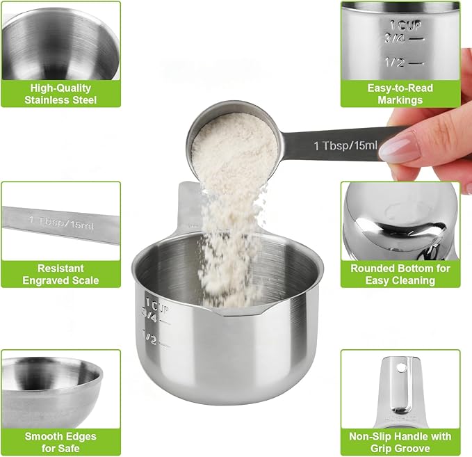 Measuring Cups and Spoons Set, 10 Piece Stainless Steel Nesting Measure Cup Includes 4 Cups & 6 Spoons, Stackable Dishwasher Safe Spoon Sets for Dry & Liquid Ingredients, Cooking & Baking Supplies