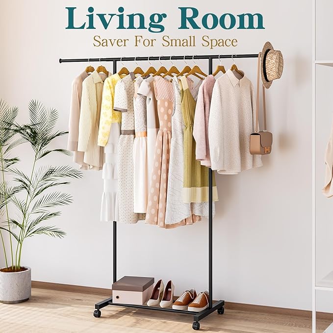 SUOERNUO Clothes Rack with Wheels Rolling Clothing Rack for Hanging Clothes, Portable Metal Garment Rack for Bedroom Laundry Living Room (Black, 59.05"*15.75"*59.45")