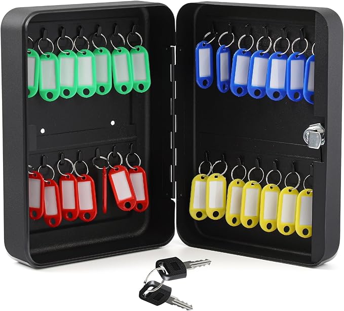 Ripeng 28-Keys Steel Key Lock Box - Wall Mount Key Cabinet with Colorful Secure Tags & Hooks Keys Organizer Storage for Home Office Hotel Rental Business Property Management, Black