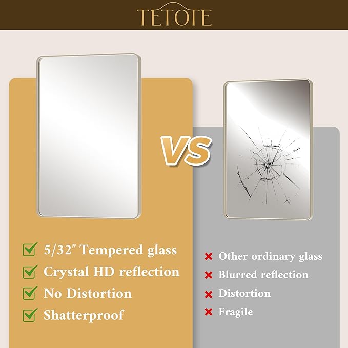TETOTE Brushed Nickel Bathroom Mirror 40 x 30 Inch Brushed Nickel Metal Framed Bathroom Mirror, Tempered Glass, Modern Farmhouse Wall Mounted Mirror for Decorative(Horizontal/Vertical)