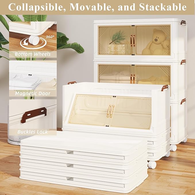 Storage Bins with Lid, 70 Gal/280 Qt Capacity, 3 Pack Large Stackable Storage Bins with Lid, White Collapsible Storage Bins with Wheels, Customizable, Foldable, for Home Office Organization
