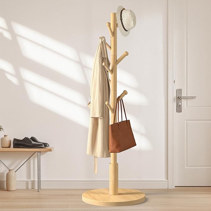 Coat Rack Freestanding Wooden Coat Tree Stand with 8 Round-tip Hooks, 3 Adjustable heights Coat Hat Rack for Entryway,Bedroom,Hallway,Office (Natural)