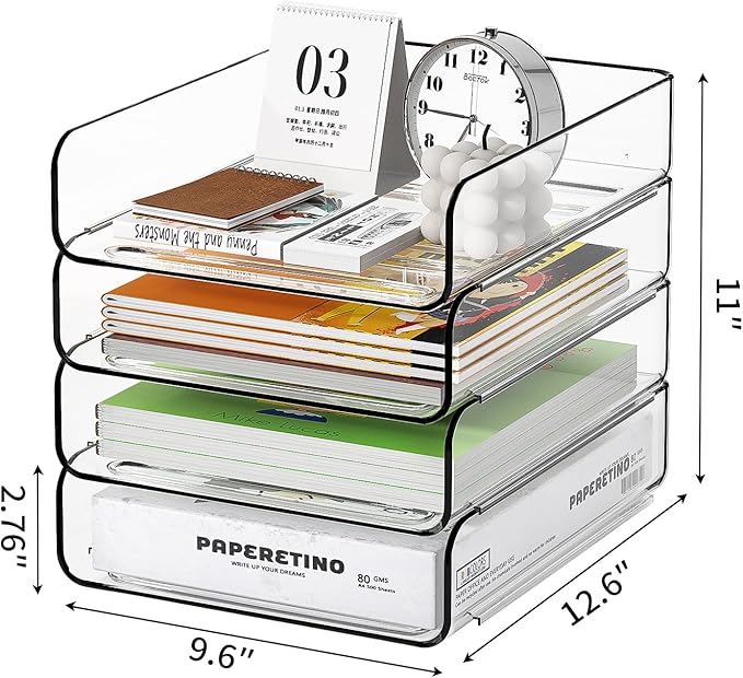 FANXIYQ 4-Tier Acrylic Paper Tray Organizer | Clear Stackable Desk Organizer for Documents, Letters, A4 Paper | Modern Office/Classroom/Home Organization
