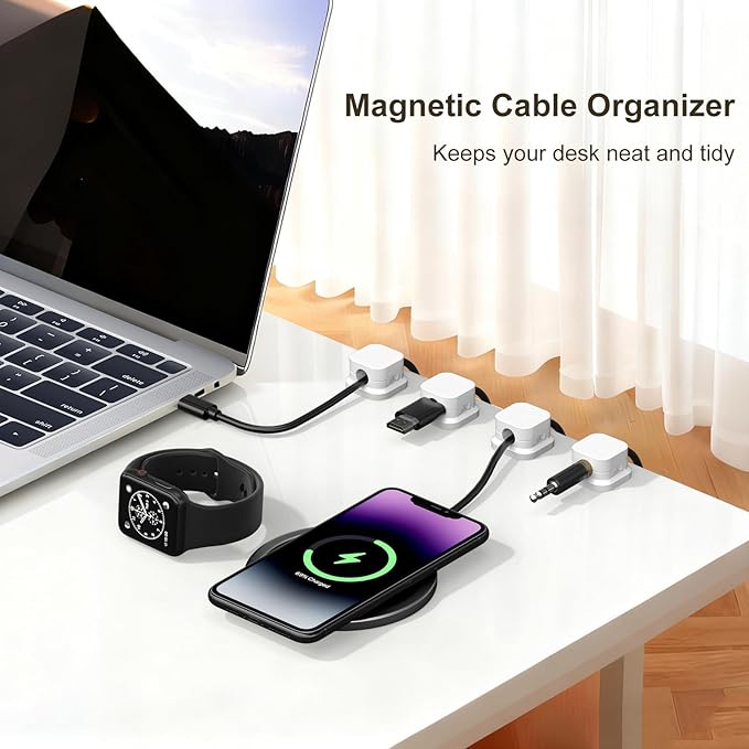 6Pack Magnetic Cable Clips Holder, Cord Organizer for Desk, Strong Adhesive Desk Cable Management for Phone Charger, Computer, Home, Office, Car (Black+White)