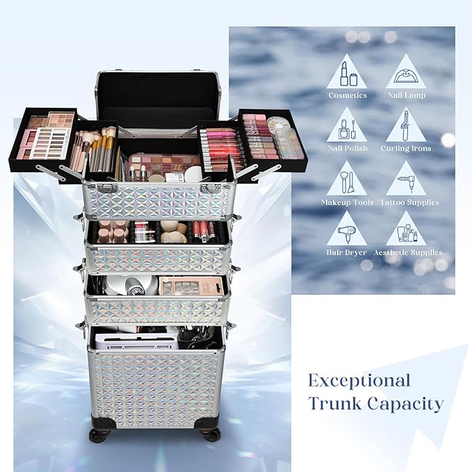 Stagiant Rolling Makeup Case Cosmetology Case on Wheels 4 in 1 Large Cosmetic Organizer Train Case Makeup Travel Case with Key Nail Artist Salon Storage Traveling Cart Big Trunk Shiny Silver