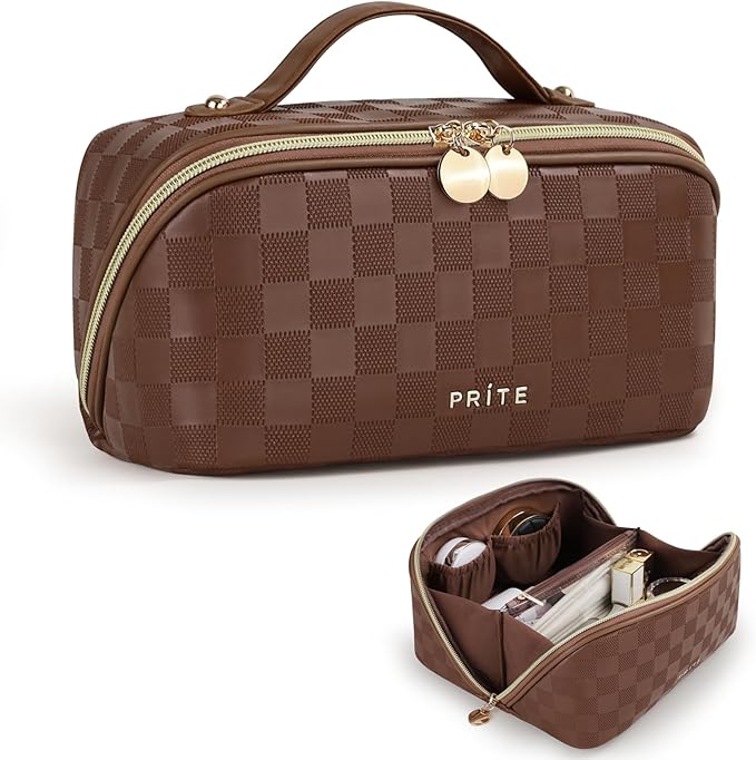 Prite Makeup Bag for Women Travel Waterproof Vegan Leather Cosmetic Bag Open Flat Toiletry Bag With Clear Divider and Handle (Plaid Brown, Medium)