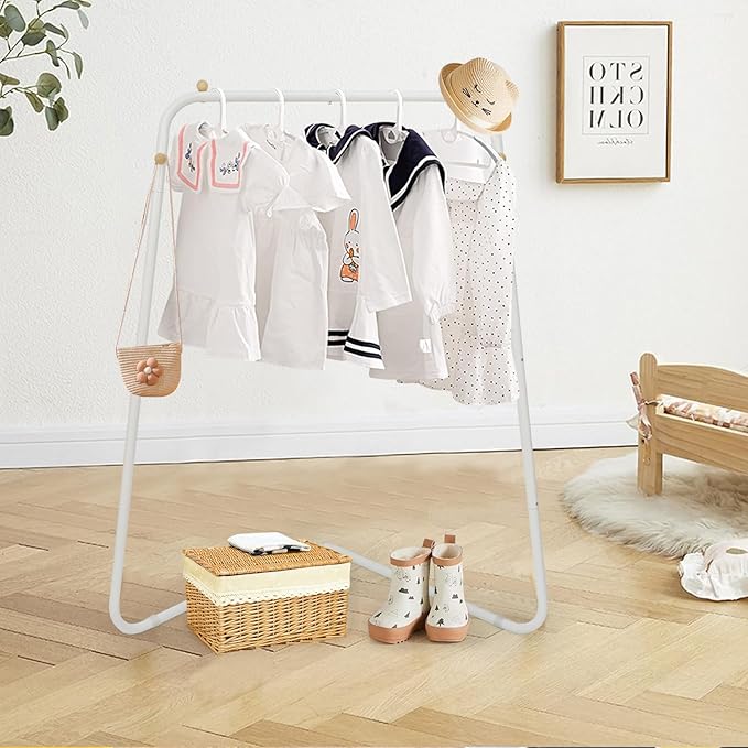 YGJT Kids Clothing Corner Rack, Dress Up Storage for Little Girls with Bottom Storage Shelf, Cute Toddler Wardrobe Cloest Garment for Hanging Coat, Dance Costume, Dresses, Clothes in Bedroom, White