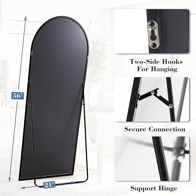 DUMOS Arched Full Length Mirror, 56"x21" Full Body Floor Standing Mirror with Aluminum Frame and Shatter Proorf Nano Glass, Modern Wall Hanging Leaning for Living Room, Home Decor, Black