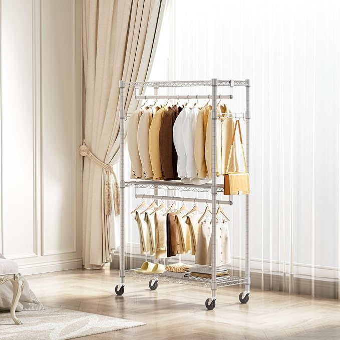 M MZG Heavy Duty Rolling Garment Rack 3 Tiers Adjustable Wire Shelving Clothes Rack with 2 Rods and Side Hooks,Storage Closet Clothing Rack with Wheels White 15.7" D x 29.5" W x 74.5" H