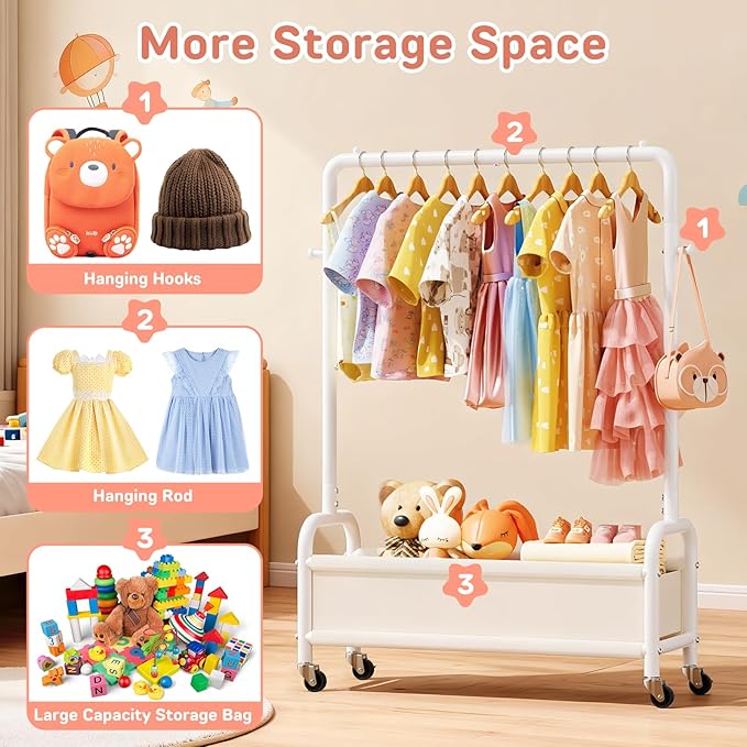 Kids Clothing Rack with Storage Shelf & Wheels, Kids Dress Up Rack Storage for Coats, Small Baby Garment Rack for Hanging Clothes, Toddler Wardrobe Closet Organizer for Kids (Classic, White)
