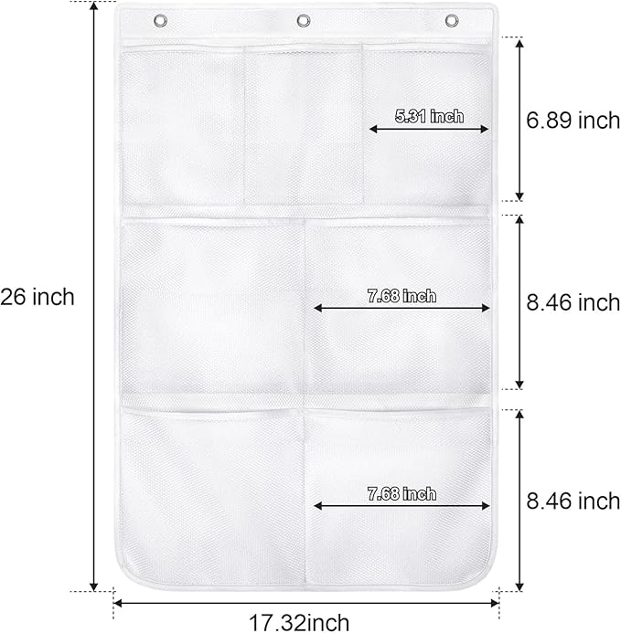 F-color Cruise Essentials 2026 - Mesh Shower Organizer Hanging with 7 Pockets for RV Gym Camping, Quick-Dry Portable Toiletry Bag with Metal Hooks for Bathroom Travel Toiletries，White+White