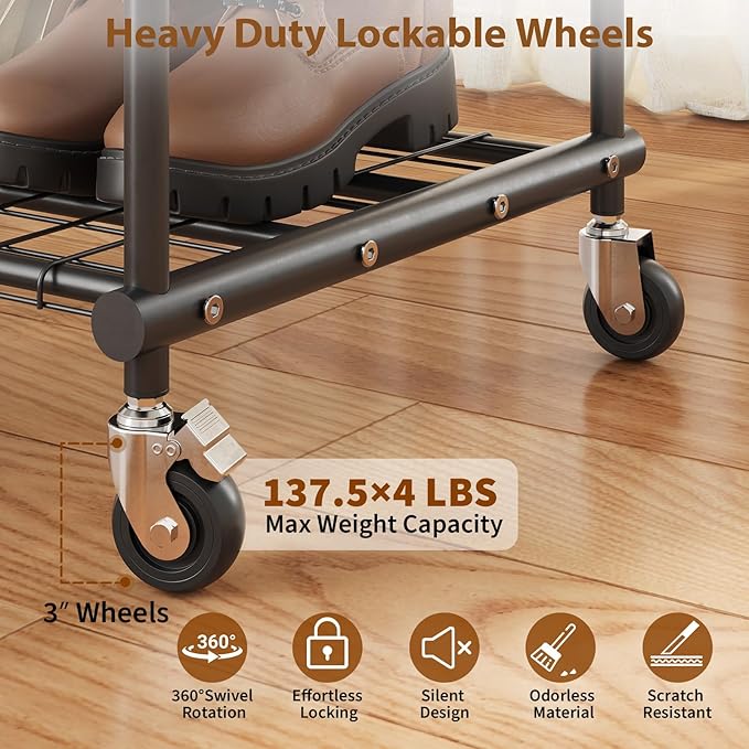 Double Rods Clothes Rack with Wheels, Heavy Duty Rolling Clothing Rack with Shelves and Side Hooks for Hanging Clothes Max Load 550 lbs, Black Metal Adjustable Portable Garment Rack