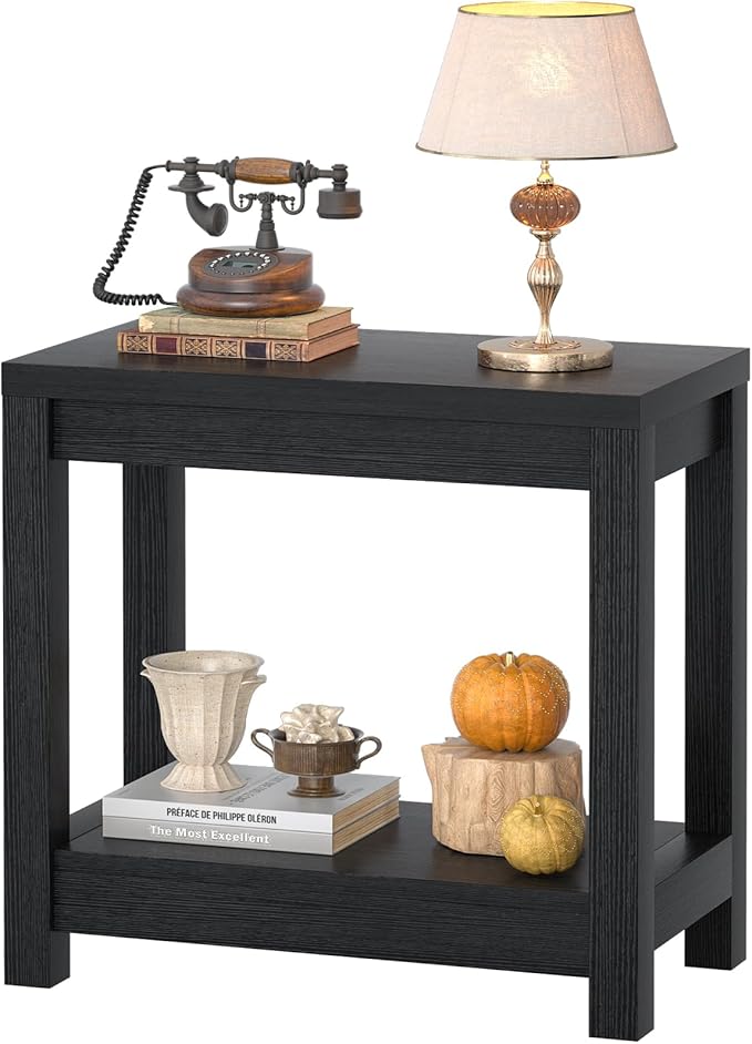 Besiost Farmhouse End Table, Narrow Side Table, Slim End Table with Storage Shelf, Small Console Table for Small Spaces, Nightstand Sofa Table for Living Room, Bedroom, 24" Embossed Wood Grain Black