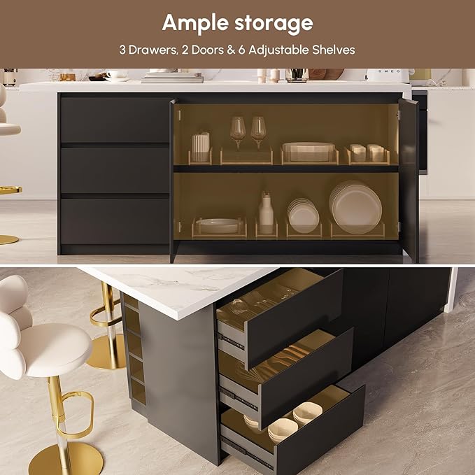 homary Kitchen Island with Storage & Wine Rack, 72" Modern Black Kitchen Cabinet with Sintered Stone Top, Large Fixed Island with 3 Drawers & 6 Adjustable Shelves, Without Bar Stools
