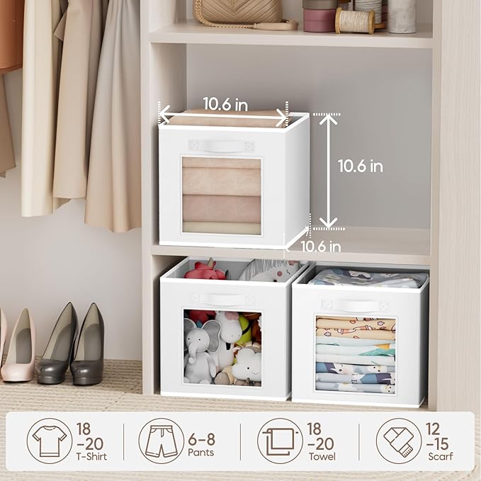 Homsorout Storage Cube 11 Inch - Cube Storage Bins with Window, Closet Storage Baskets with Handle, Fabric Bins for Closet, Shelves, Toys, Clothes, Set of 16, White