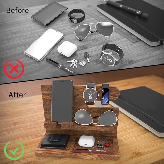 Gifts for Men Wood Phone Docking Station Birthday Gift for Men Valentines Day Gifts Father Gift for Him Boyfriend Nightstand Organizer Desktop Phone Stand