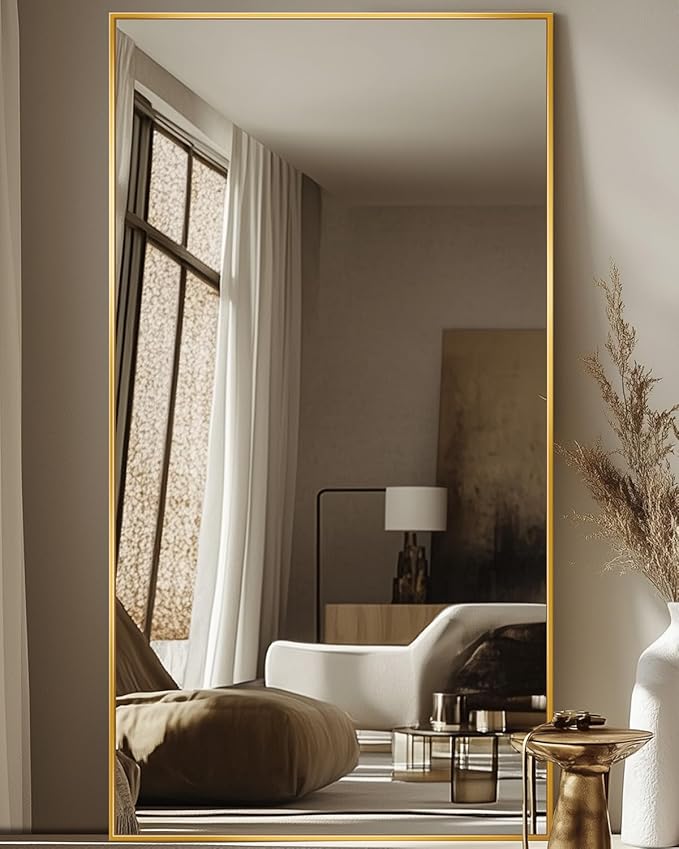 Antok Full Length Mirror, 81"x41" Floor Mirror with Stand, Hanging Mounted Mirrors for Bedroom, Living Room, Cloakroom, Dining Room, Gold, Rect