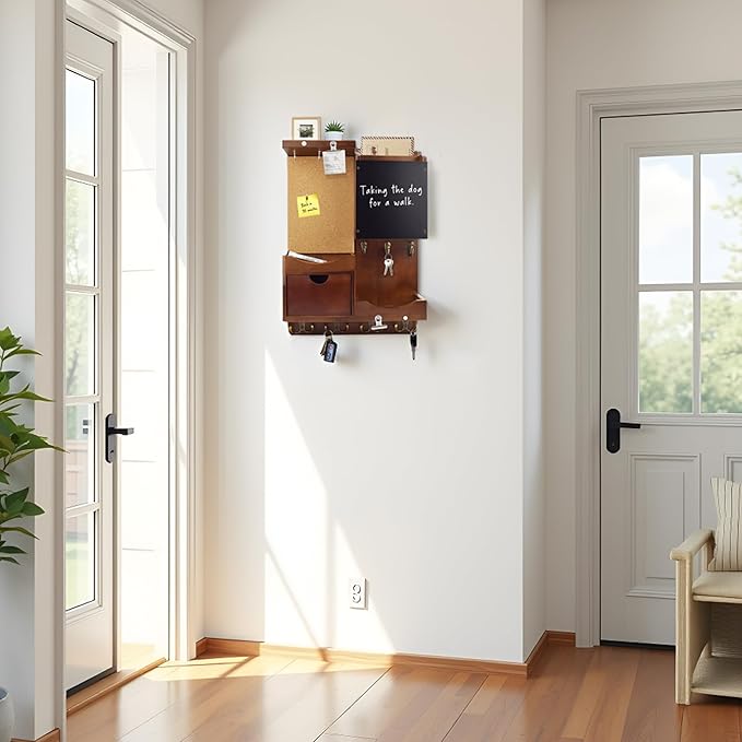 Key Holder Wall Mount， Mail Organizer Key Holder for Wall with Shelf, Drawer, Chalkboard, Corkboard, Home Decor Wall Mounted for Room Entryway(Vintage Brown)