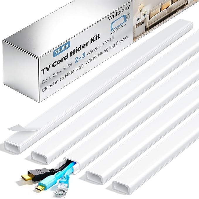 TV Cord Hider, 70.8in Cord Covers for 2-3 Wires on Wall, Paintable Cable Hider Wire Covers for Cords on Wall, Self-Adhesive Cord Hider for Wall Mount Tv to Hide Cords, W0.94 H0.47in, White