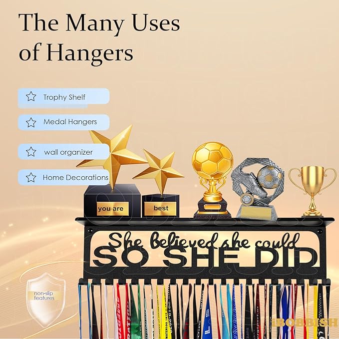 iBobbish Metal Medal Hanger Display,Non-Slip Trophy Shelf with 20 Hooks,Wall Mount,Heavy Duty,Non-Bent,Holds 22-33lbs,for Gymnastics,Race,Soccer,Swim