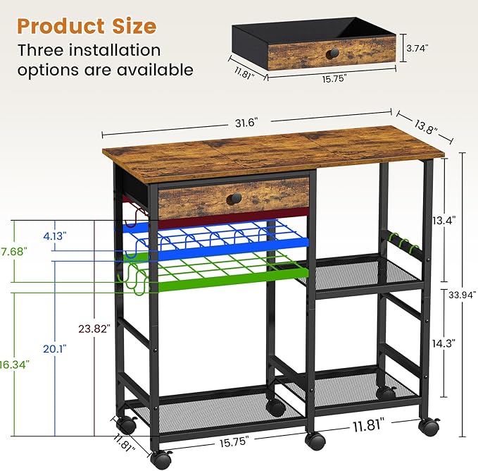 Microwave Stand, 6-Tier Microwave Cart with Wheels & Adjustable Shelf, Coffee Bar Table Station, Rolling Storage Cart Organizer Shelf for Living Room, Kitchen Island, Office, Rustic Brown