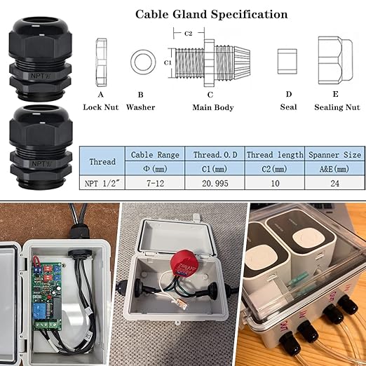 Zulkit Junction Box ABS Plastic Dustproof Waterproof IP65 Electrical Boxes Hinged Shell Outdoor Universal Project Enclosure with 2 Cable Glands 7.9 x 3.9 x 2.8 inch (200x100x70mm)